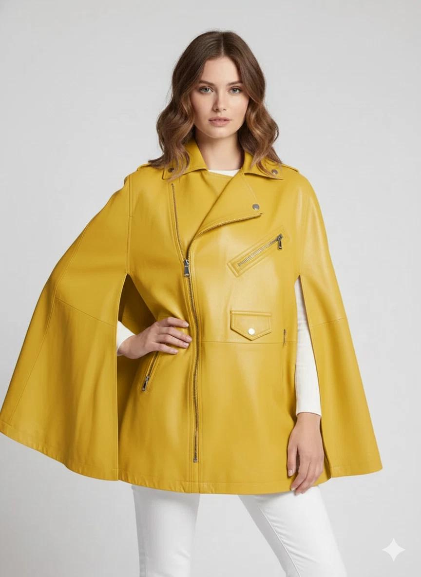 

Стильный повседневный желтый пончо из натуральной кожи ягненка, женская, ручной работы, мотоциклетная куртка S жёлтый