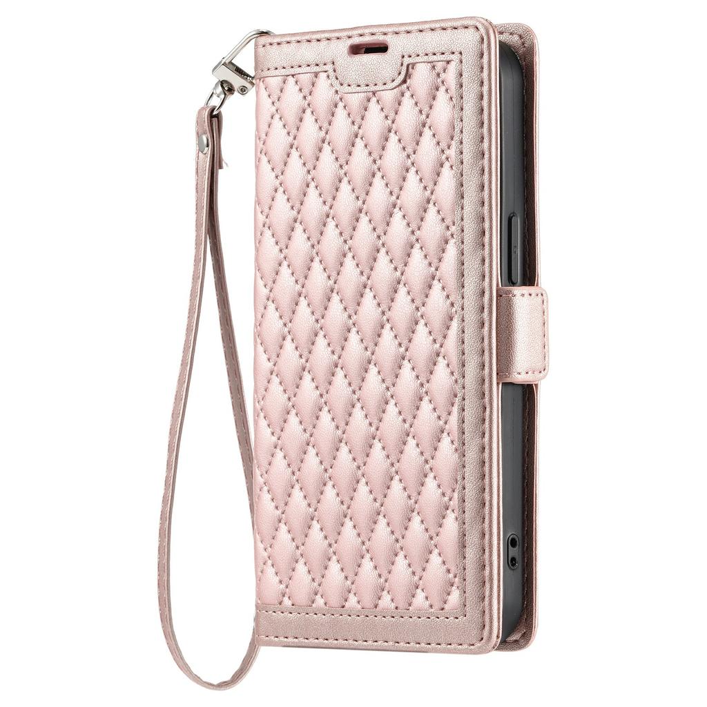 For iPhone 15 Leather Case Rhombus Texture Wallet Stand Phone Cover with Wrist Strap