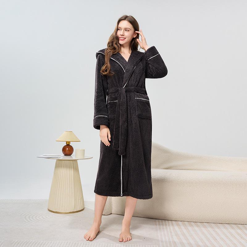 

Plush Cotton Velvet Unisex Hooded Bathrobe - Thick, Warm, Long Robe for Couples (Autumn/Winter) L