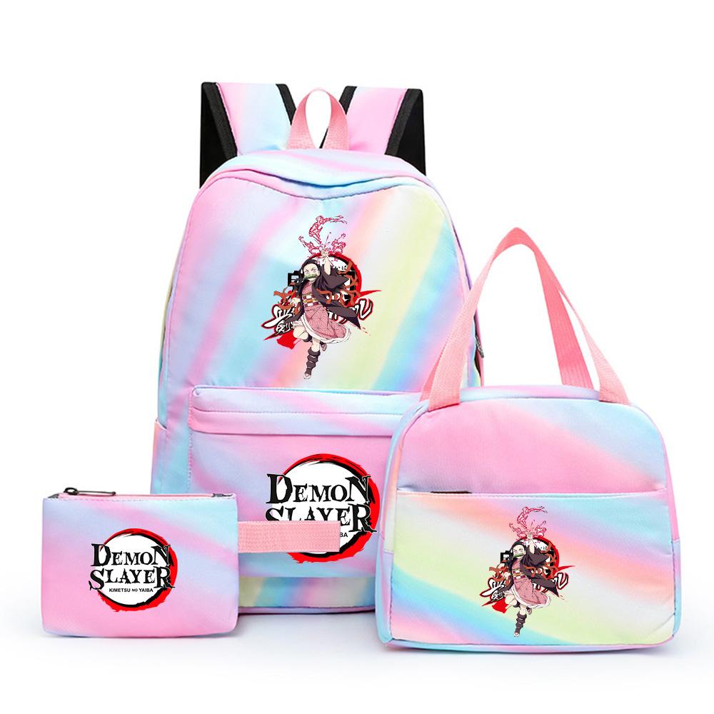3Pcs/set Cartoon Demon Slayer Printed Backpack with Lunch Bag Pencil Case for Teenager Girl Boy Large Capacity Waterproof Bookbag Gift Mochila