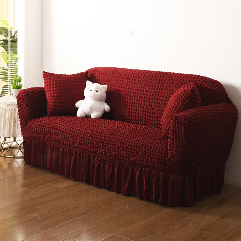 Thick Elastic Bubble Gauze Sofa Cover with Lace Full Wrap Slip Proof for Chaise Lounge Sectional Sofa