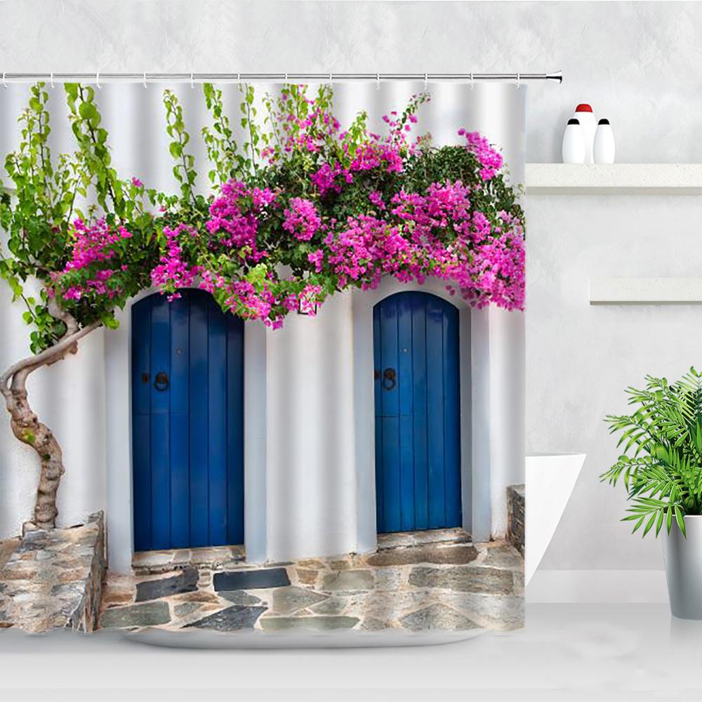 Fleurs Rouges Porte Grecque Bleue Avec Vue Sur Mer Sur Île Rideaux de Douche Tissu Imperméable Ensemble de Rideaux de Salle de Bain Décoration de Baignoire pour la Maison