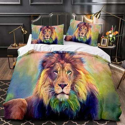 König der Löwen Königin Bettbezug Aquarell Tier Bettwäsche Set für Jungen Teenager Erwachsene Buntes Wildleben 2/3-teiliger Polyester Bettdeckenbezug