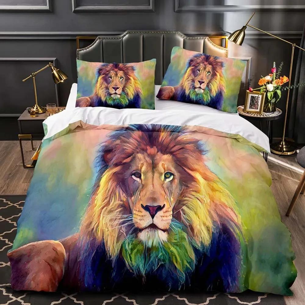Lion King Queen Duvet Cover Watercolor Animal Bedding Set for Boys Teens Adults Colorful Wildlife 2/3pcs Polyester Quilt Cover