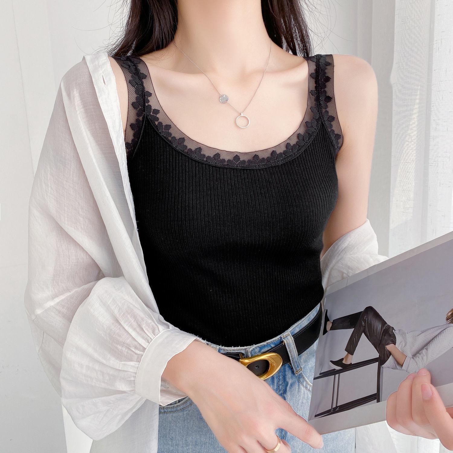 

Майка женская, летняя однотонная кружевная блузка, топ на бретелях, рубашка с круглым вырезом, тонкая нижняя рубашка, повседневный жилет-бретелька XL чёрный