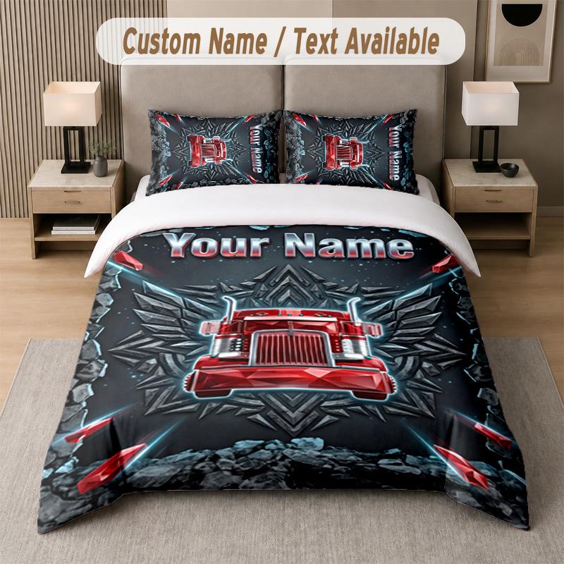 Truck Theme Custom Text Or Name 3Pcs Bedding Set 1 Flat Sheet & 2 Pillowcases Personalized Home Bedding