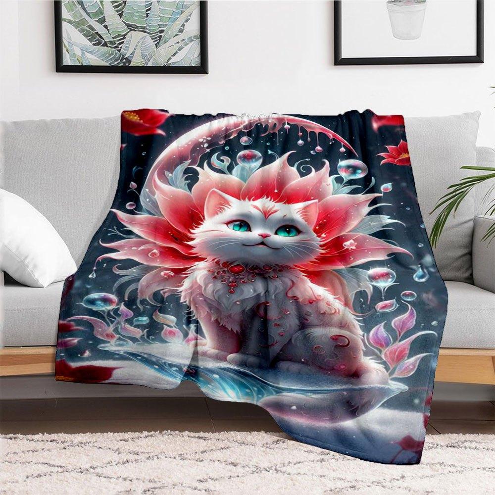 "Enchanted Floral Fantasy Cat Art Print"Blanket Flannel Throw Blanket for Sofa, Bed, Travel, Camping, Office, Couch, Chair, And Bed Gift for