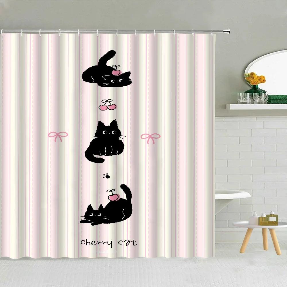 Japanese Black Pink Cute Cherry Cat Bath Curtain for Quarto Curtains in the Bathroom Accessories Shower Folding Partition Home