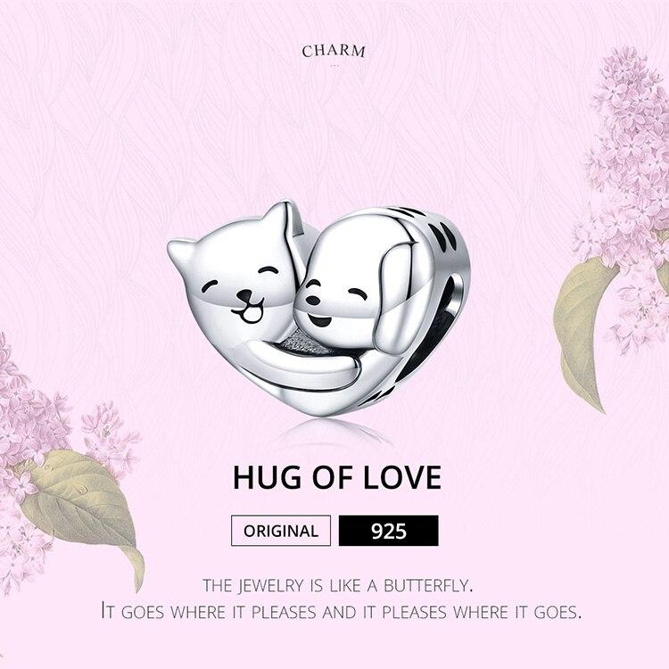 BAMOER 925 Sterling Silver Hug Bead Love Kitten Puppy Animal Charm Pandantiv pentru Brățară Originală Brățară Bijuterii Femei