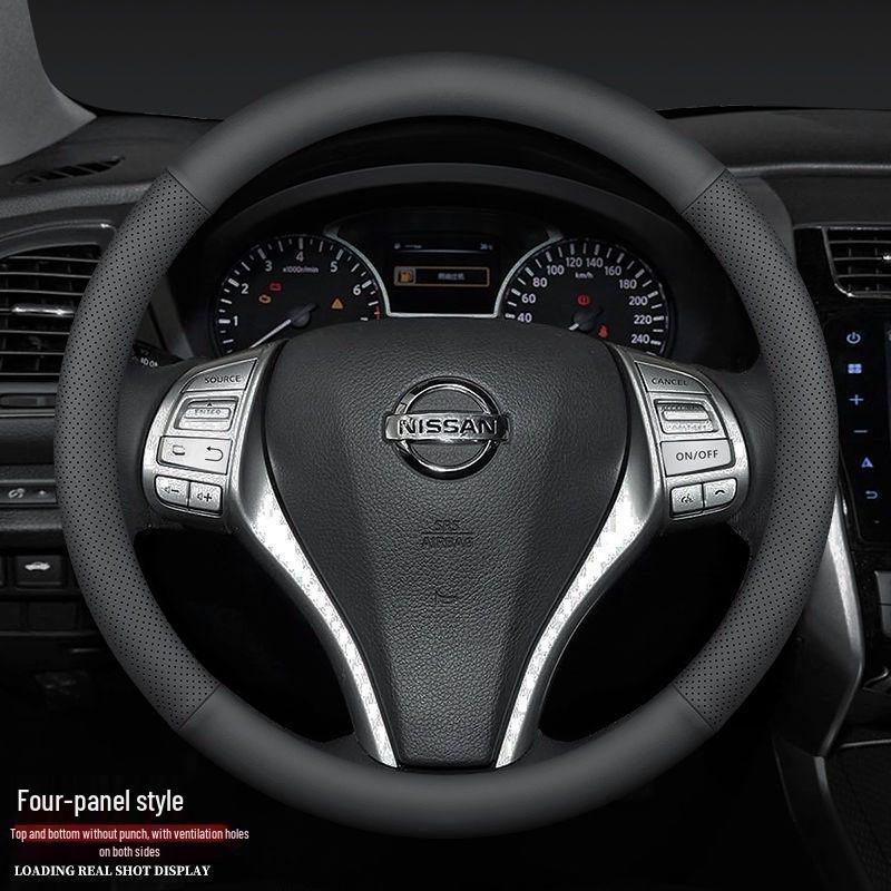 Genuine Leather Steering Wheel Cover for Nissan Sylphy, Tiida, Qashqai, Livina, Kicks, and Bluebird.