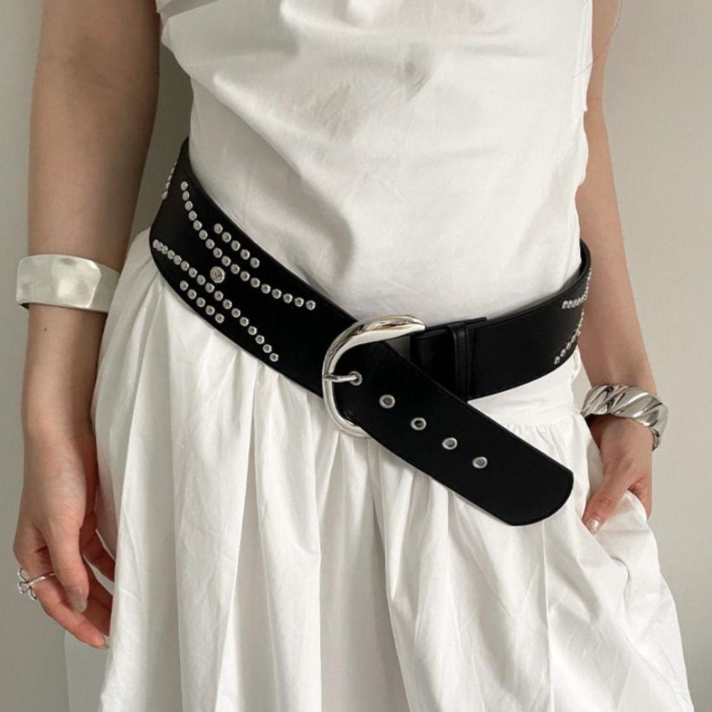 Gothic Rivet Wide Belt Y2k Dress Jeans Belt Vintage Women's Waist Belt  Skirt Accessory