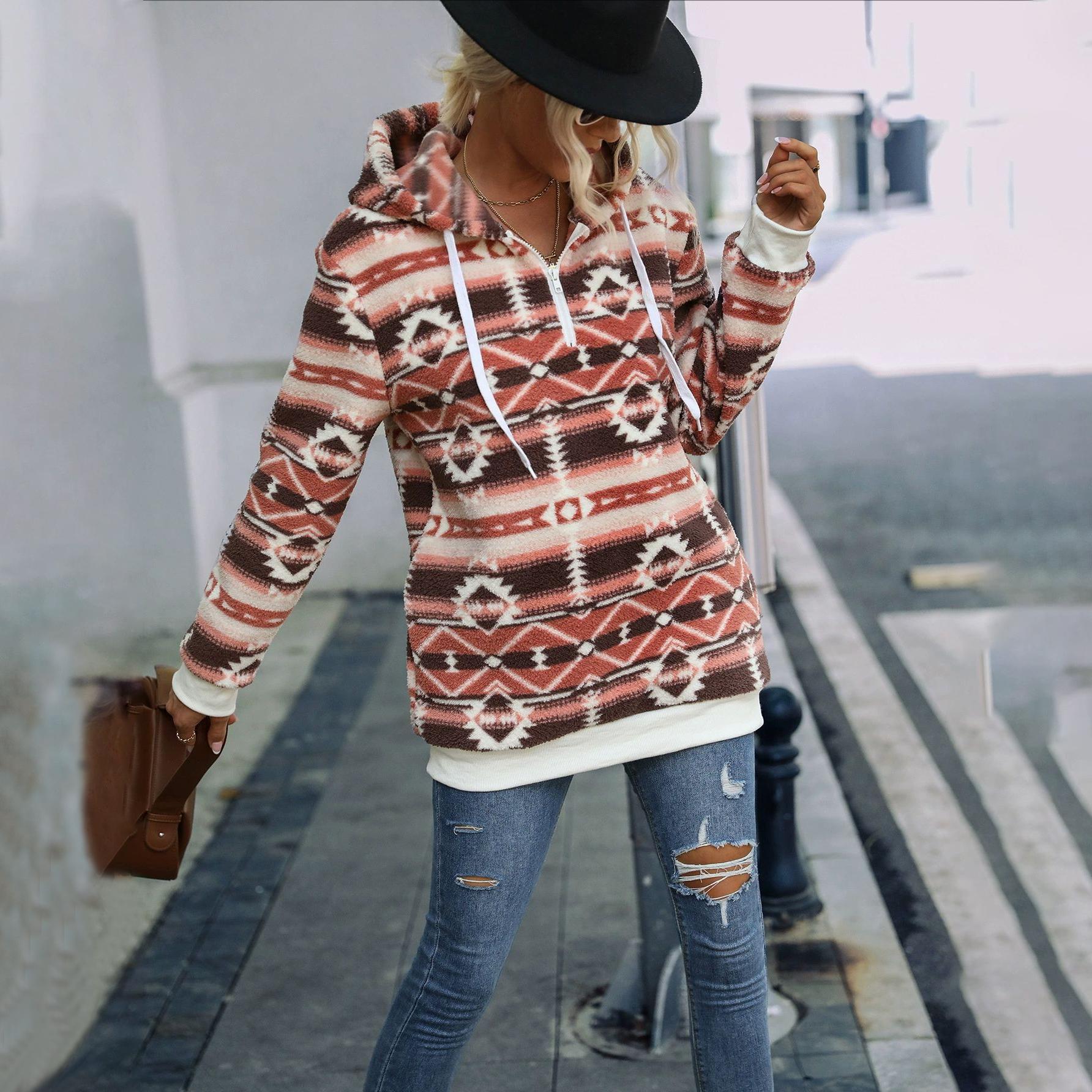 

Осенне-зимняя повседневная женская свободная куртка-свитшот с геометрическим узором и капюшоном на молнии до половины S