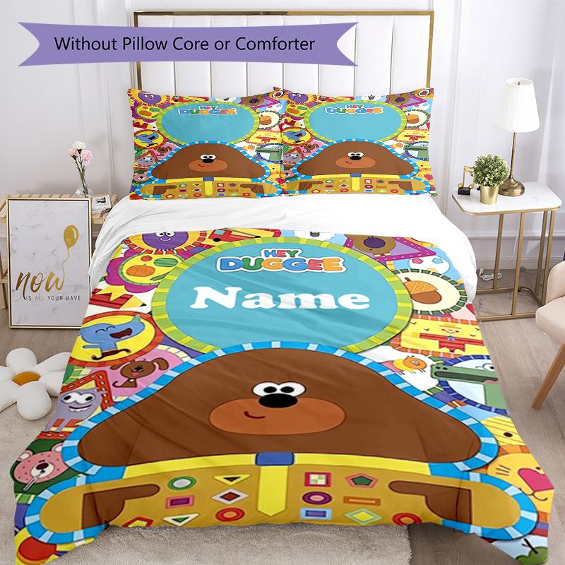3pcs Custom Name Hey Duggee Bedding Set Duvet Cover Closure Includes 1 Duvet Cover & 2 Pillowcases, Soft and Comfortable for All Seasons.