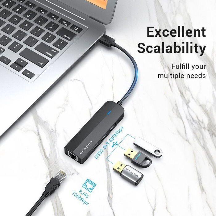 Vention Adaptateur 5-en-1 USB 2.0 Vers 3x USB 2.0 / RJ45 100Mbps Ethernet / Micro-B 0.15M Noir ABS Type
