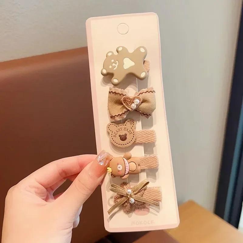 5pcs Sweet Kids Hair Clip Beige Coffee Color Plush Hairpin for BabyToddler Autumn Winter Kawaii Bowknot Headwear for Girls