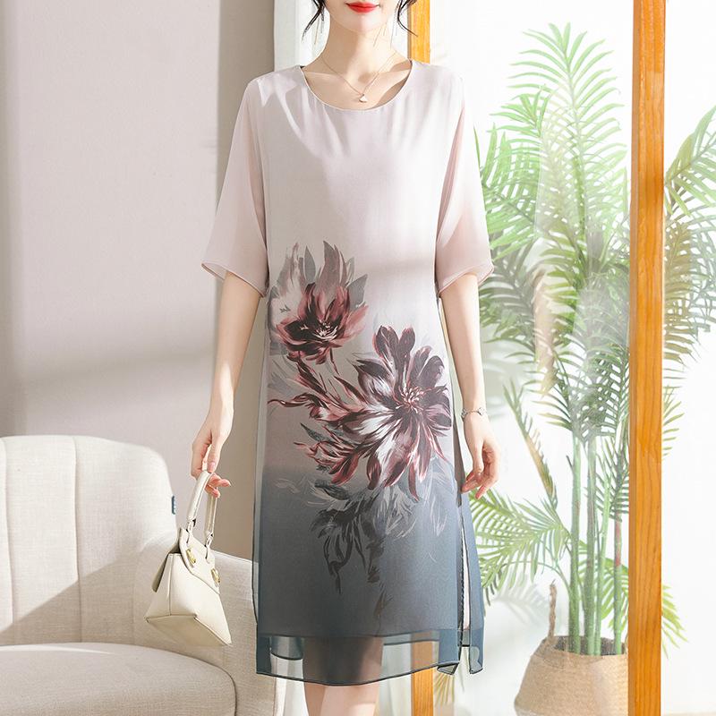 

2026 Summer Chiffon Dress for Middle-Aged & Elderly Women - Mid-Length, Plus-Size, Belly-Concealing XL сірий колір