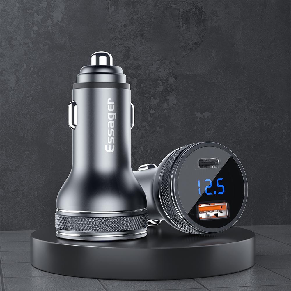 

ESSAGER PD 3.0+QC 3.0 36W Car Charger Digital Display Type-C USB-A Dual Port Car Charger Adapter As Shown A