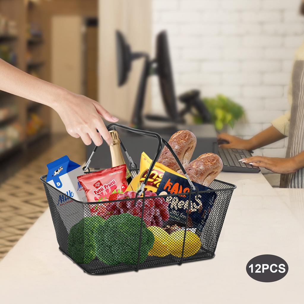 12PCS Black Metal Shopping Baskets with Handles, Mesh Storage Baskets, Portable Retail Store Baskets, Commercial Shopping Cart