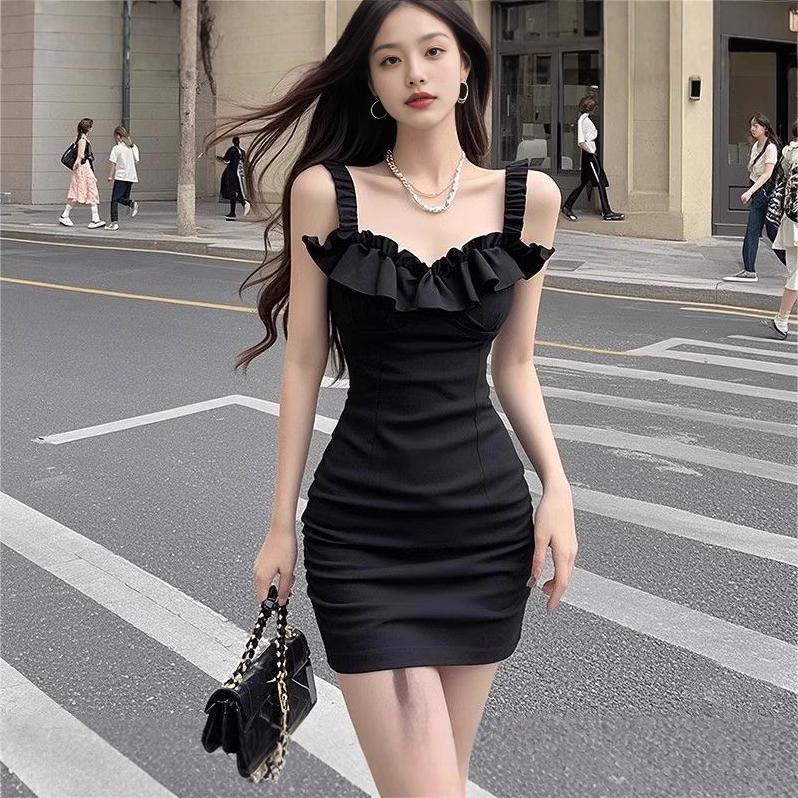 Black collar suspender dress female rich daughter light luxury sexy high cold royal sister temperament pure desire wind hip skirt