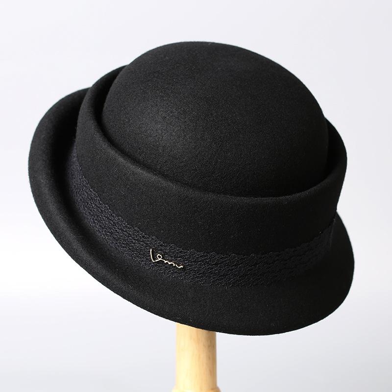 New autumn and winter lace wool basin hat women's French Hepburn style golden top hat bow bucket hat