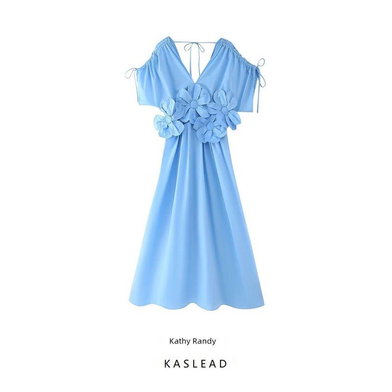 Kaslead New Arrival Women's Clothing Fashion Style Fashion Three-Dimensional Flower V Neck Short Sleeve Drawstring Dress