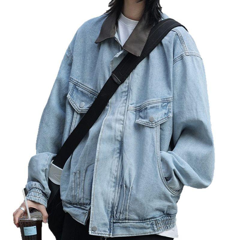 Unisex Módní Džínová Pracovní Bunda - Jaro & Podzim, High Street Styl, Klasický Límec, Volný Střih