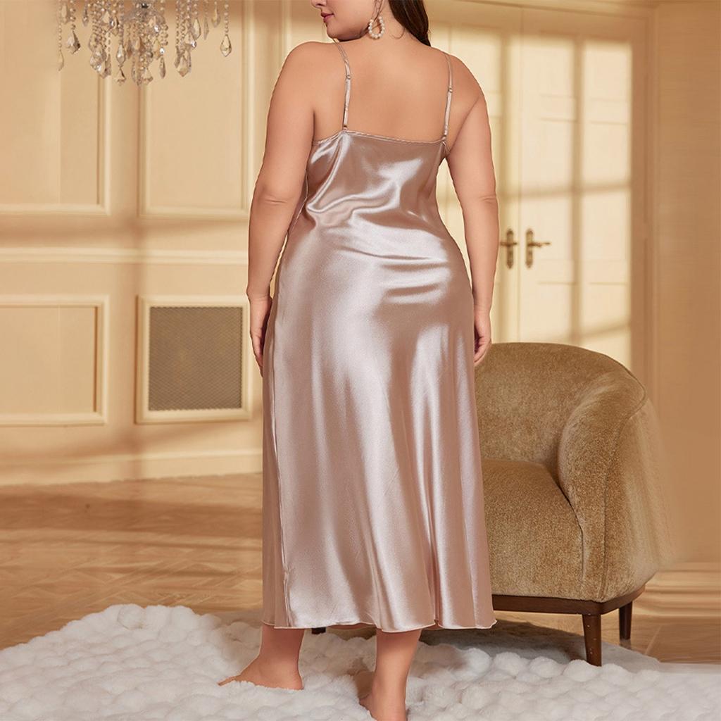 Women Plus Size Satin Slip Dress Adjustable Spaghetti Strap V Neck Midi Length Nightgown Lingerie Sleepwear Chemise