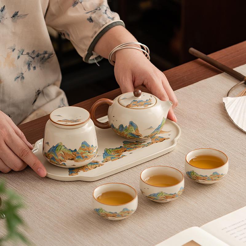 "A Thousand Li of Rivers and Mountains" Luxury Tea Set – Teapot & Teacups Gift for Teachers, Elders, Leaders