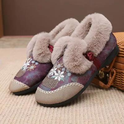 Moda Feminina Inverno Novo Top Baixo Bordado Sapatos de Algodão Bico Redondo Slip on Sola Reta Pelúcia Quente Estilo Étnico Sapatos de Algodão para Idosos