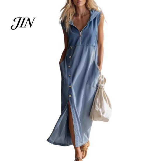Casual Dress Women s Sleeveless Hoodies Maxi Dress, Button Up Side Slit Tank Versatile Women with Pockets, Zip V Neck Hooded Summer Comfortable M