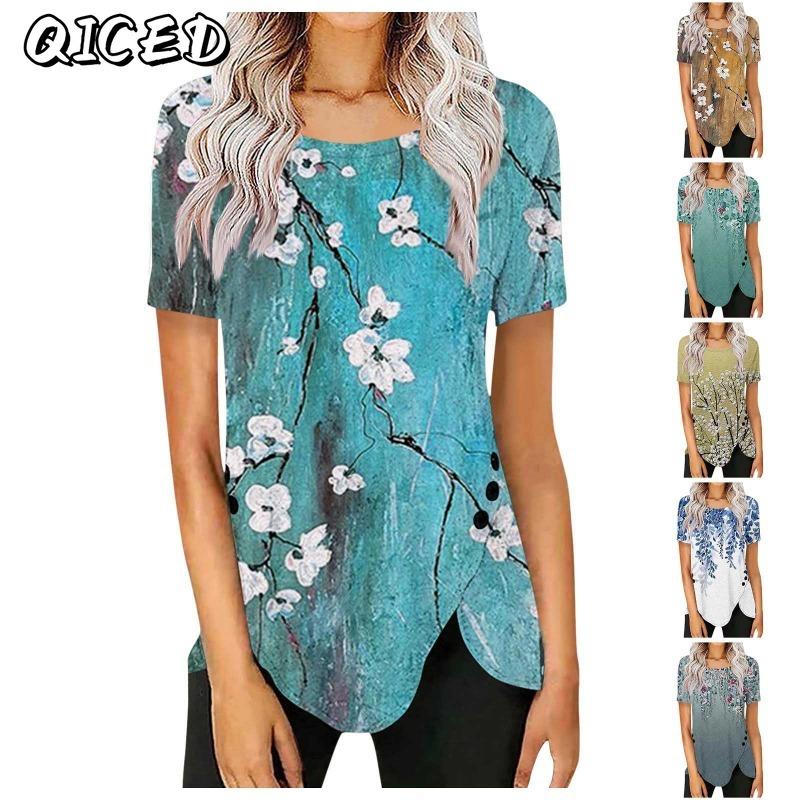 QICED Camicette e camicie casual con scollo a maniche corte e alla moda da donna