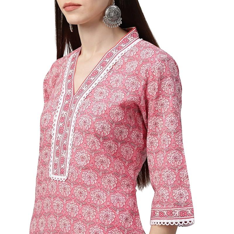 Rytras Women S Rayon Printed Straight Kurti With Palazzos And Dupatta Set (Small) Pink M