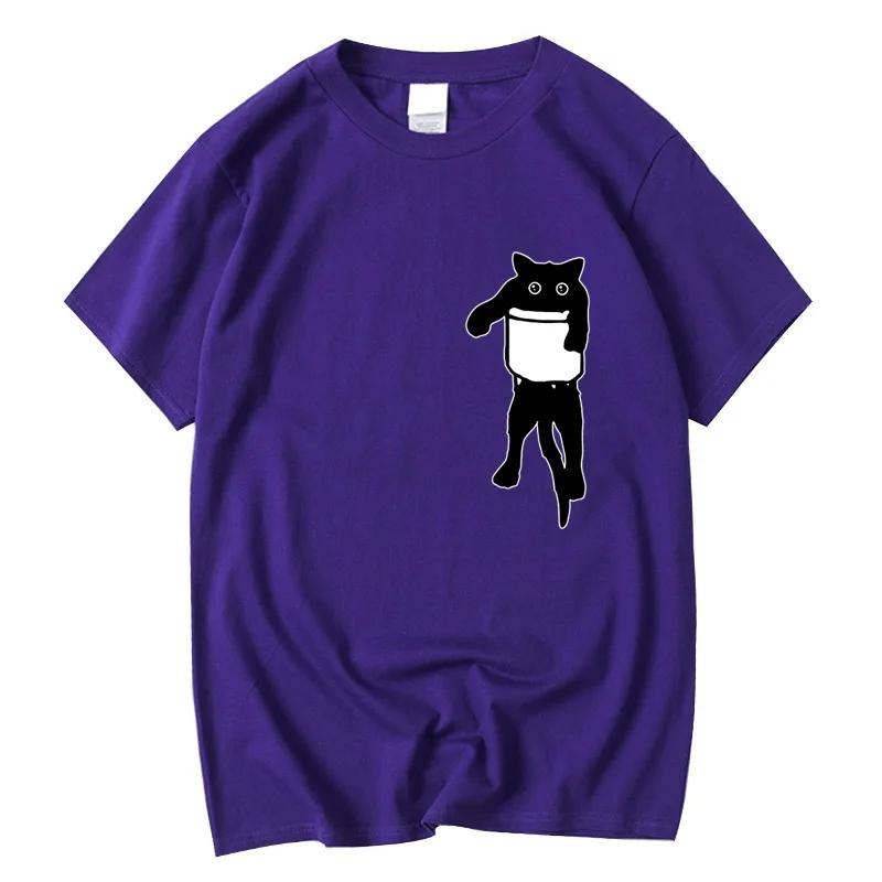 Men's High Quality T-shirt 100% Cotton Funny Pocket Cat Print Summer Loose Cool O-neck T Shirt for Men Short Sleeve Male Tees