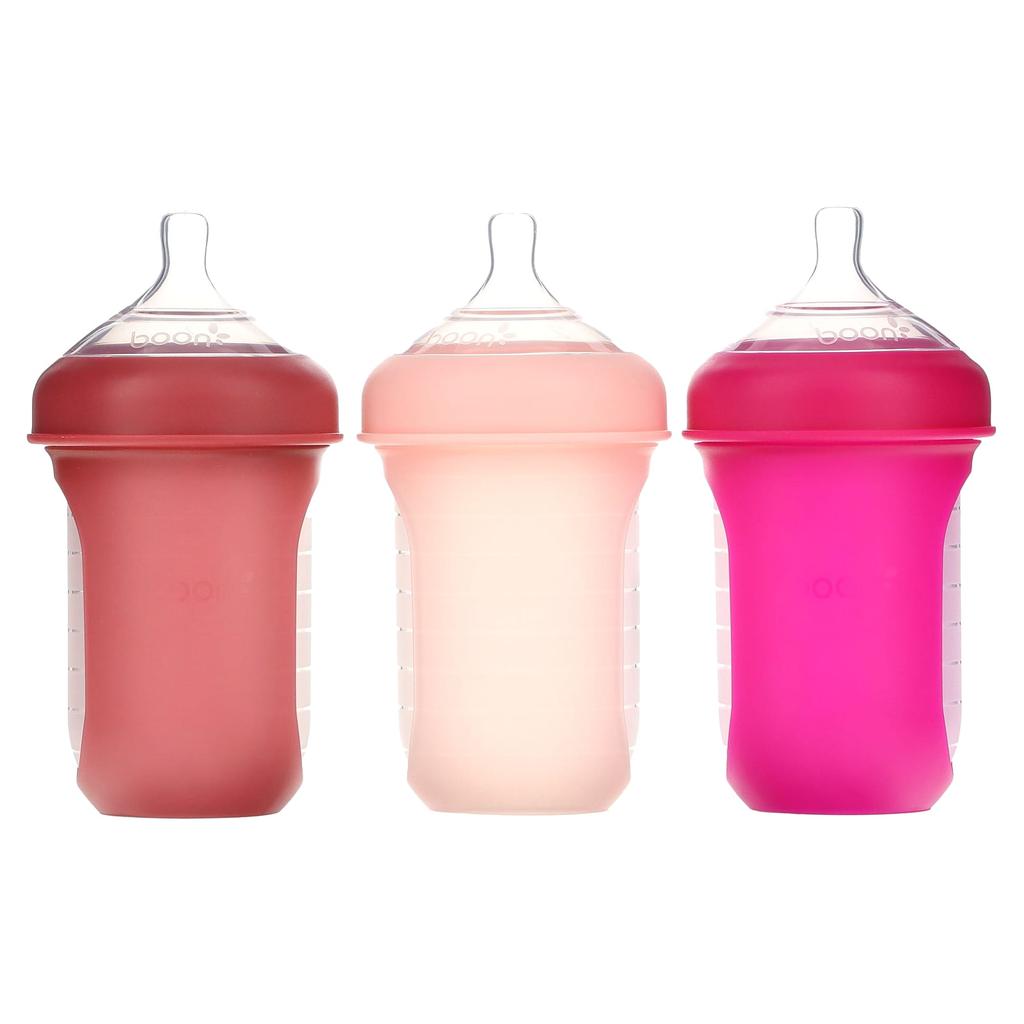 Boon Nursh, Silicone Baby Bottle, 3m+, Medium, 3 Bottles, 236ml (8oz) Each