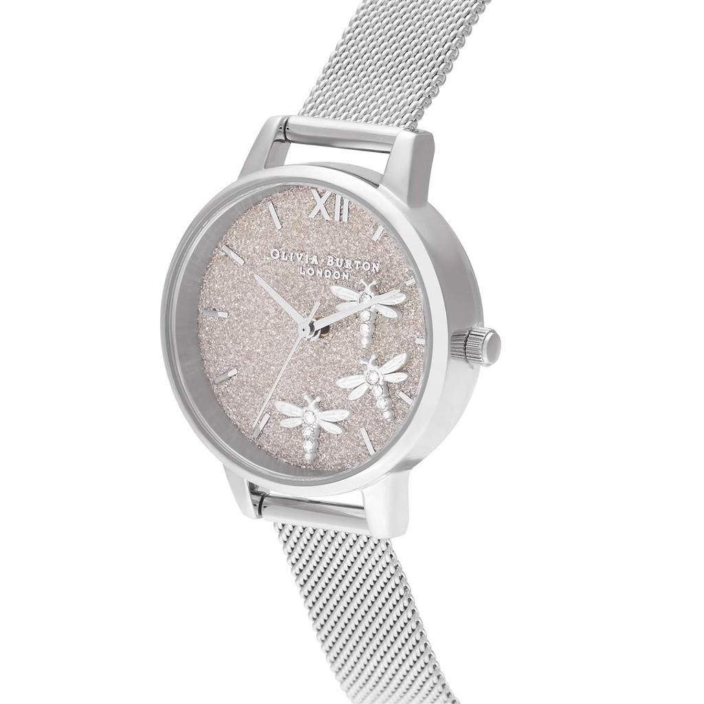 OLIVIA BURTON Dancing Dragonfly Watch with Brushed Glitter Dial and Silver 30mm Women's Mesh, (ob16gb02) [Authorized Retailer]