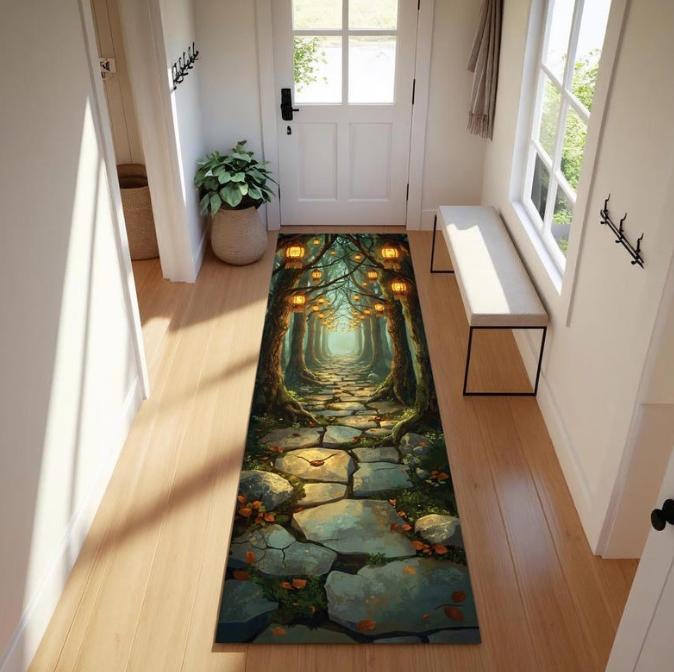 Dreamy Forest Runner Rug Lantern Road Print Floor Decor Carpet Nature Style Non-slip Carpet for Hallway Living Room Bedroom