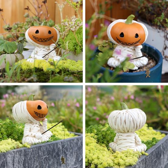 Fishing Pumpkin Man Figurine Resin Pumpkin Head Bandage Man Sculpture Angler Pumpkin