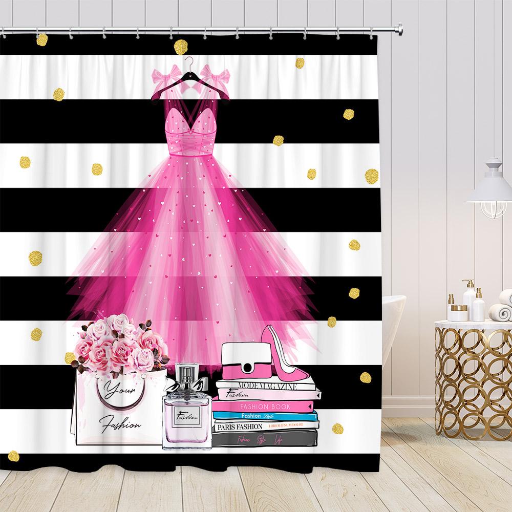 

Pink Perfume Fashion Shower Curtains Cosmetics High-Heels Dress Floral Bathroom Decorations Girl Vintage Bath Curtain With Hooks W60H190(CM)-1 Pcs