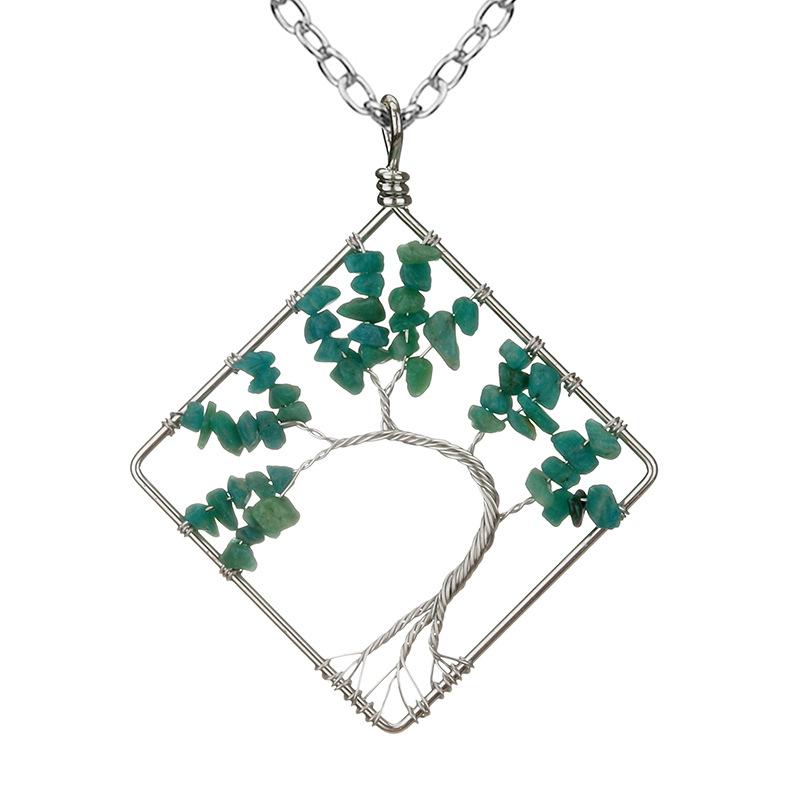 

Wrapped Colorful Natural Stone Crystal Square Curved Tree Of Life Pendant Necklace N08 Fresh And Sweet амазонка