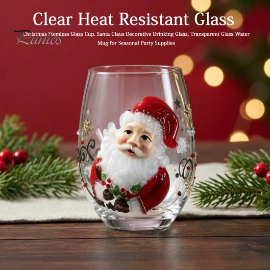 Cute Winter Beverage Cup Christmas Stemless Glass Cup, Santa Claus Decorative Drinking Glass, Holiday Party Souvenirs Transparent Water Mug