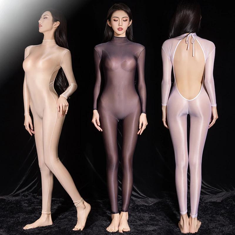 Women Sexy Body Stockings Oil Shiny Transparent Slim Jumpsuit Backless High Elasticity Female Pantyhose Night Club Wear