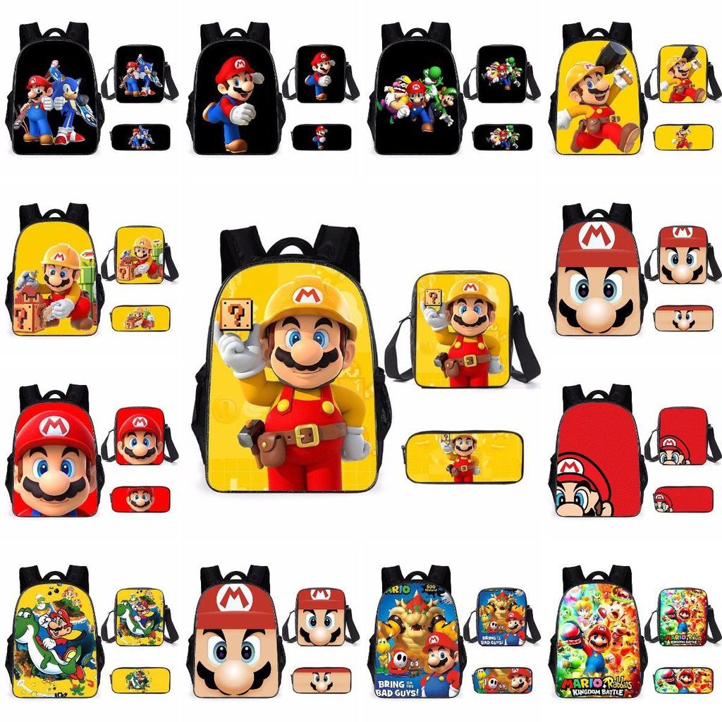 Super Mario Backpack School Bag With Lunch Bag And Pencil Pouch High Capacity Wear Resistant Breathable