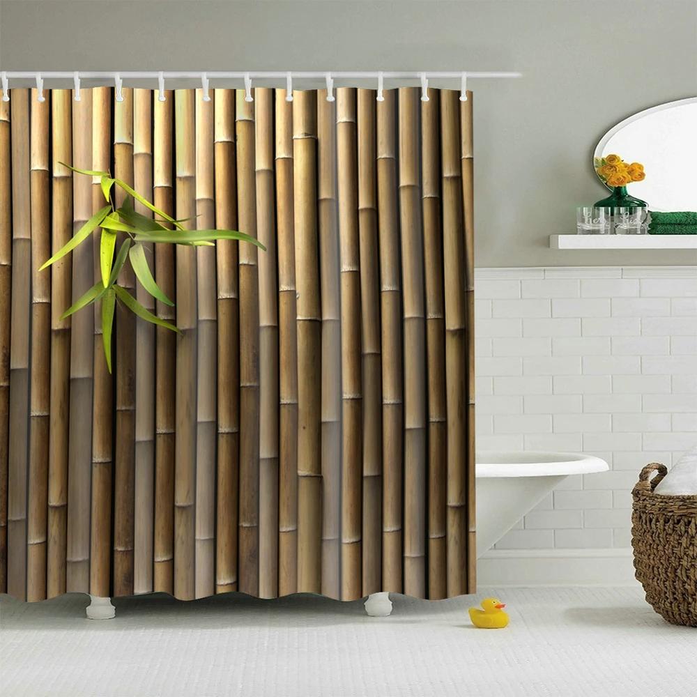 Yellow Green Bamboo Lotus Shower Curtain Bathroom Curtains Plant Flower Natural Scenery Fabric Background Wall Decor Screen Hook