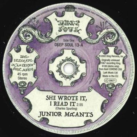

7inch Record JUNIOR MCCANTS / JOHNNY SOUL - She Wrote It, I Read It / Fall In T DEEPSOUL13 Deep Soul 2019 UK Soul/Funk