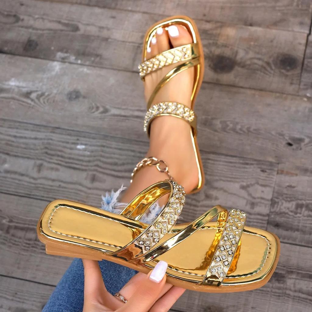 Large Size Rhinestone Square Heel One-line Sandals Summer New Solid Color Casual Outer Wear Beach Sandals/Slippers for Women
