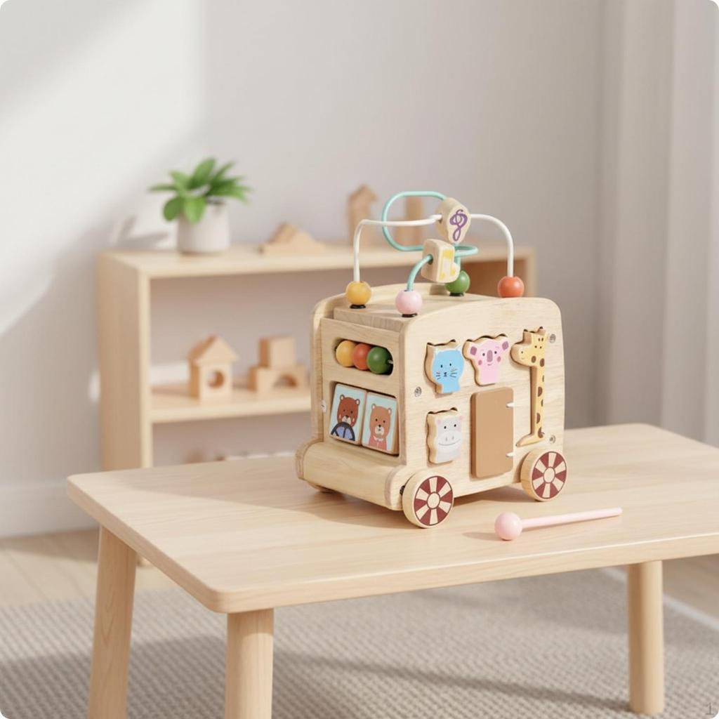 Fine Motor Toy Bus with Shape Sorter Toddler-Friendly Wooden Busy Box