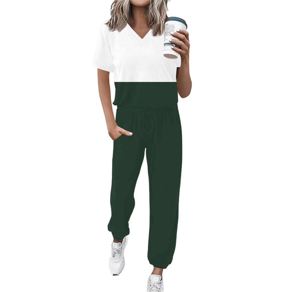 Damen Jogging Mode V-Ausschnitt Kurzarm Gürtel Lose Hosen Trainingsanzug