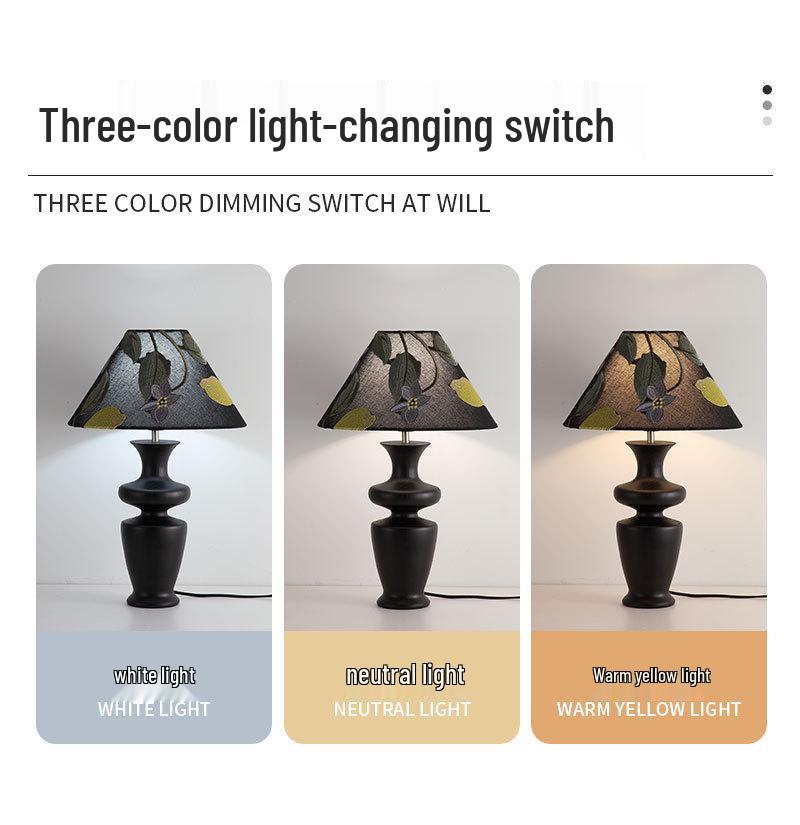 French Retro Mid-Century Wood Bedroom Lamp, Wabi-Sabi Style with Fabric Shade