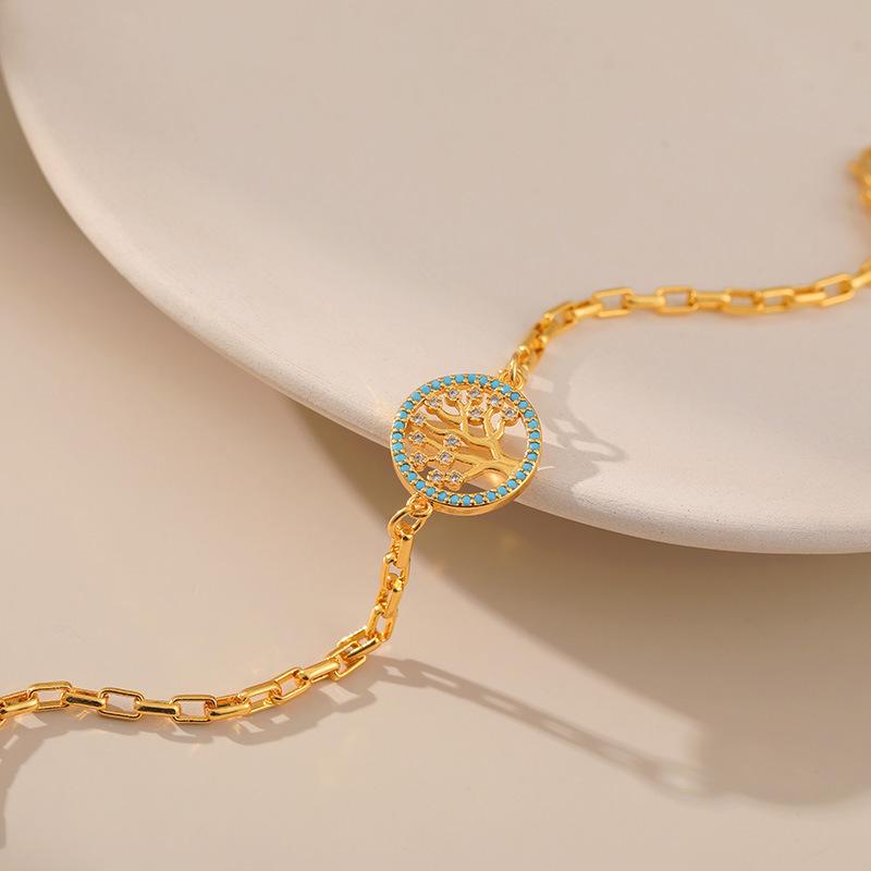 Tree Of Life Inlaid Turquoise 18k Gold Plated Copper Fashion Chain Bracelet For Women