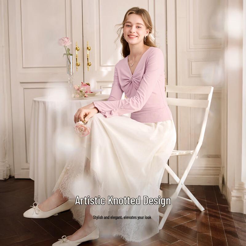 Xiangying Women's French V-Neck Long Sleeve Knitted Top with Bow Twist